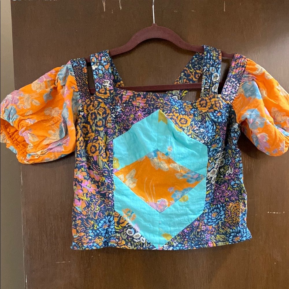 Anthropologie - Love the Label Colorful Patchwork Off the Shoulder Crop Top - Picture 3 of 10